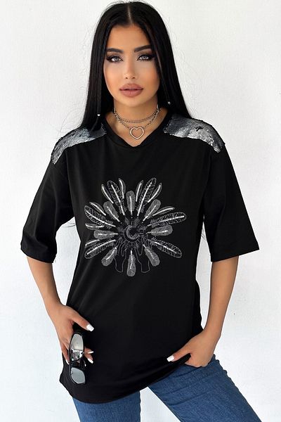 FEMELLE Tricou de damă din bumbac brodat cu paiete negre