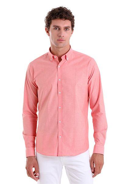 Hatemoğlu Πορτοκαλί Slim Fit Μασίφ 100% βαμβακερό γιακά με μακρυμάνικο κλασικό πουκάμισο
