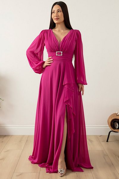 PULLIMM Long Sleeve Buckle Belt Chiffon Dress DNS1333