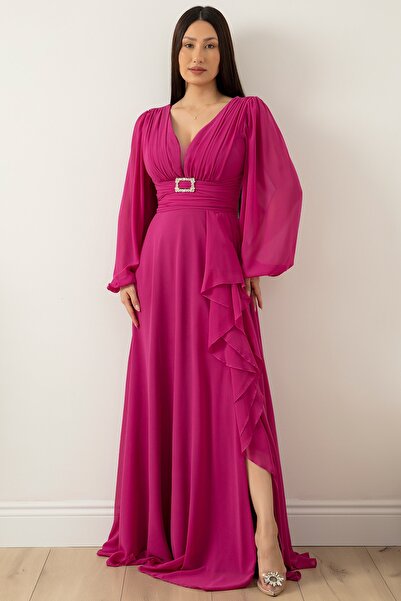 PULLIMM Long Sleeve Buckle Belt Chiffon Dress DNS1333