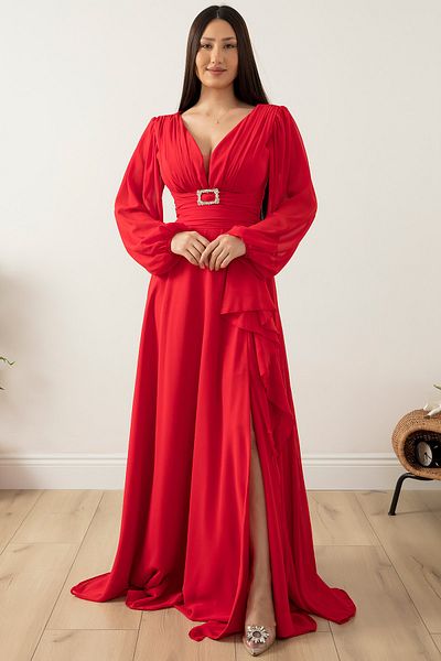 PULLIMM Long Sleeve Buckle Belt Chiffon Dress DNS1333