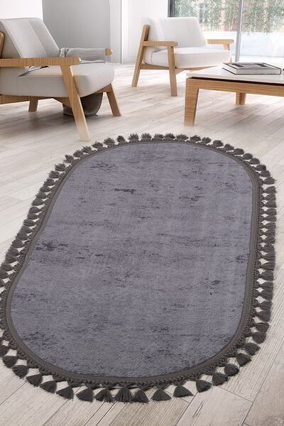 Teksev Μοκέτα δαπέδου Nova Anthracite Oval Pompom με κρόσσια, που πλένεται στ...