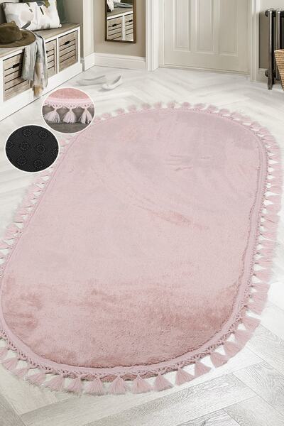 Teksev Covor moale Relax Powder Oval Pompon cu franjuri, lavabil la mașină, cu bază anti-alunecare, cu ciucuri