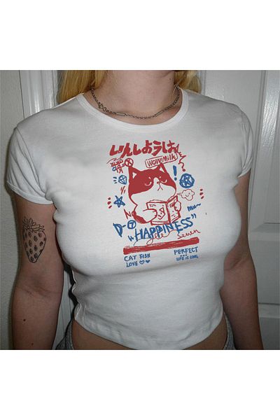 Touz Cămașă Albă Crop - Blunt Blunt Happiness Cat Printed