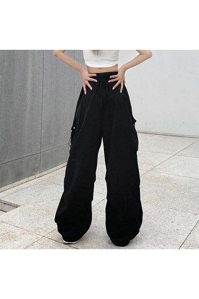 Touz Blunt Black Tactical Parachute Fabric Oversize Unisex Trousers with Cargo Pocket
