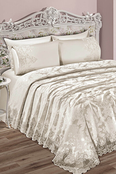 TİVOLİ Çift Kişilik Dantelli Lüx Pike Takımı-Sultan Ekru Hmm1401098982