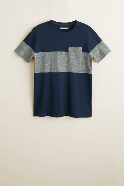 MANGO Man Ανδρικό βαμβακερό μπλουζάκι Navy Blue Color Block 53030497