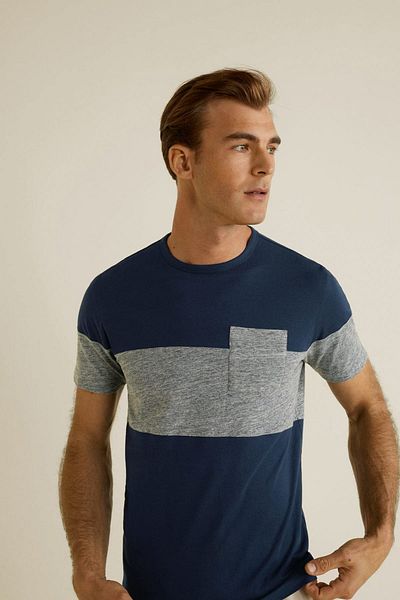 MANGO Man Ανδρικό βαμβακερό μπλουζάκι Navy Blue Color Block 53030497