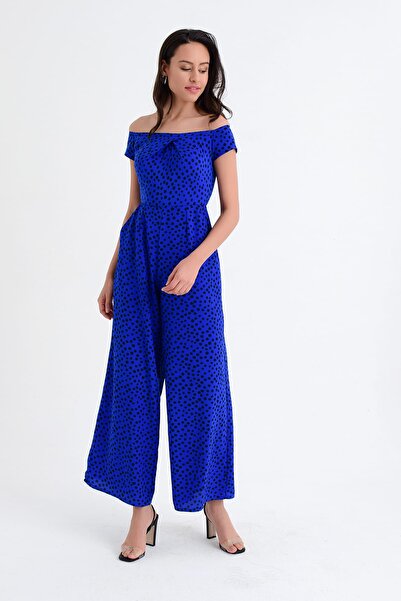 Hanna's by Hanna Darsa Kadın Lacivert Kayık Yakalı Cep Detaylı Puantiyeli Dok...