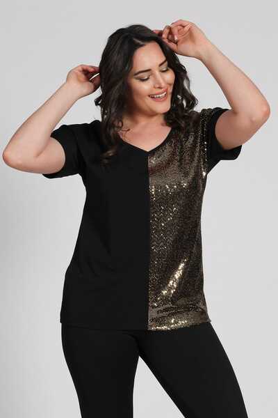 Seamoda Bluză de damă cu decolteu în V cu broderie de paiete aurii PRA- 23679...