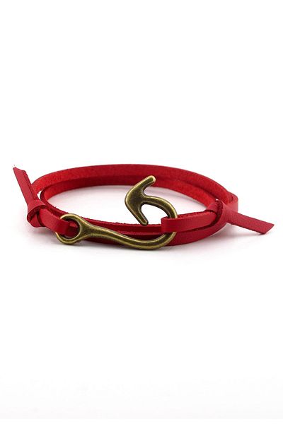 Solfera Men's Bronze Fishing Rod Hook Red Leather Wrap Bracelet Bt568