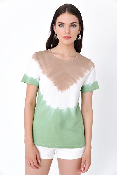 Hanna's by Hanna Darsa Kadın Yeşil-kahverengi Batik Baskılı Bisiklet Yakalı K...