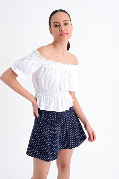 Hanna's by Hanna Darsa Kadın Beyaz Düşük Omuzlu Lastik Detaylı Örme Crop Bluz...