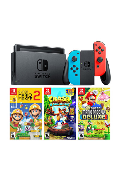 Nintendo Switch Renkli Mavi Kırmızı + Super Mario Maker 2 + Crash Bandıcoot +...