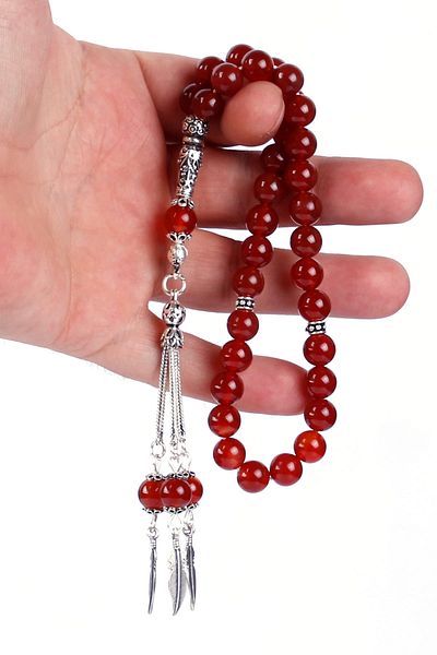 TESBİHCİBABA Silver Design Crystal Cut Red Agate Rosary Tb1654