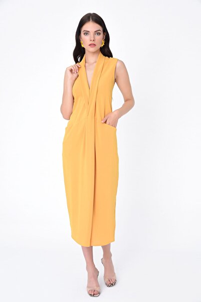Hanna's by Hanna Darsa Kadın Sarı Şal Yakalı Kolsuz Cep Detaylı Uzun Elbise
