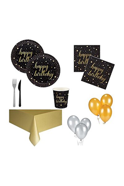 Party 16 Kişilik Işıltılı Doğum Günü Parti Seti - Siyah Gold