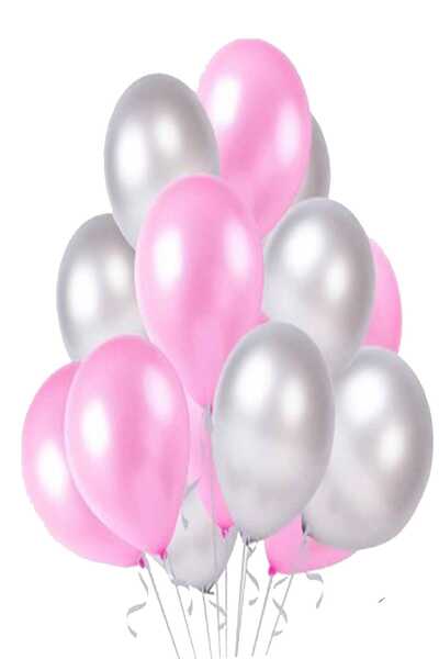 Parti dolabı Şeker Pembe Gümüş Gri Metalik Sedefli Parlak  Parti Balonu 25 Adet