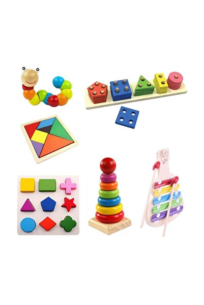 RoseRoi 6 Parça Oyuncak Ahşap Zeka Eğitici Set Tangram + Geometrik şekiller + Bultak + Tırtıl +Kule +Selefon