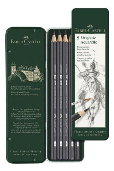 Faber Castell Graphite Aquarelle Water Soluble Drawing Pen 5 Pieces Metal Box