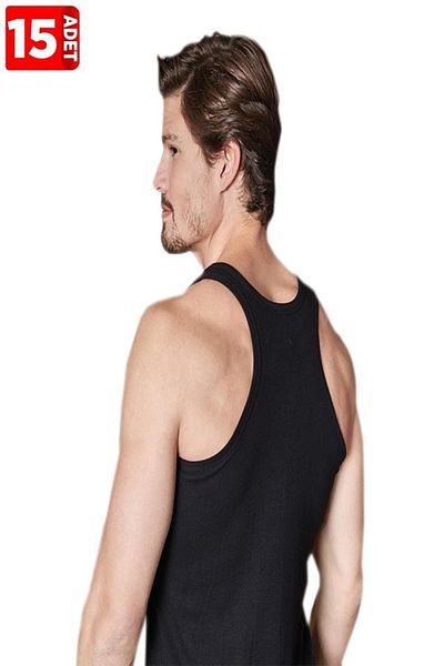 Berrak Men's Black Rib Sports Undershirt 15 Pieces Pack 100% Cotton