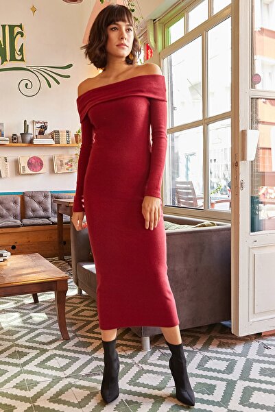 Olalook Γυναικείο Claret Red Madonna Collar Lycra Μακρύ Φόρεμα ELB-19000752