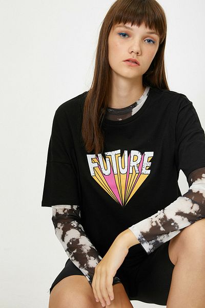 Koton Dámské černé tričko s krátkým rukávem Crew Neck 0KAL18967IK