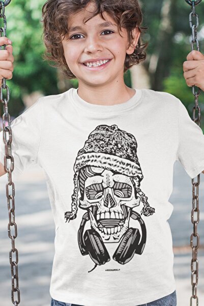 ROCKANDROLL Tricou pentru copii unisex cu craniu nepalez alb cu mânecă scurtă...