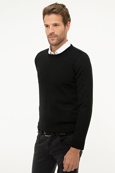 Pierre Cardin Men's Black Slim Fit Crew Neck Basic Knitwear Sweater
