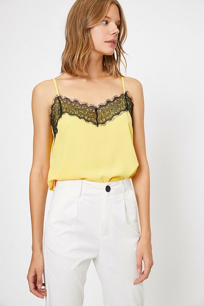 Koton Women's Yellow V-Neck Lace Detailed Blouse