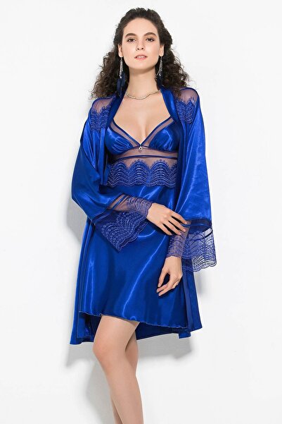 For Dreams Γυναικείο Μπλε Μίνι Σατέν Νυχτικό και Σετ Ρόμπας Patrice