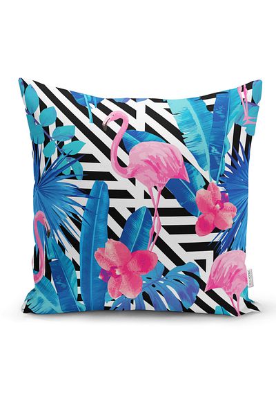 Realhomes Husă de pernă cu design geometric, albastru, roz, cu flamingo, imprimată digital