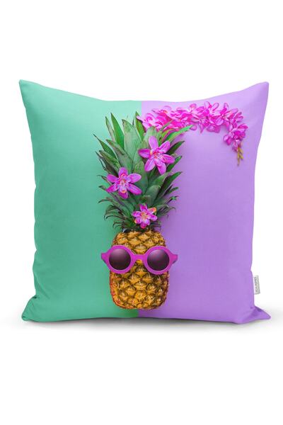Realhomes Yeşil ve Mor Ananas Temalı Özel Tasarım Yastık Kırlent Kılıfı