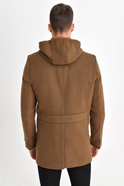 DYNAMO Мъжко кафяво палто от смесена вълна, с качулка, цип отпред и копчета