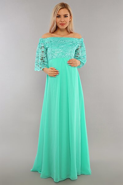 MODA LABİO Düşük Omuz Dantel Hamile Elbisesi Mint Yeşili