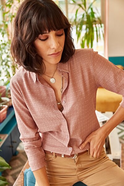 Olalook Kadın Gül Kurusu Dokulu Dökümlü Gömlek GML-19000402