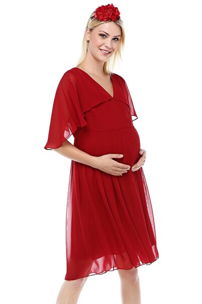 MODA LABİO Melek Kol Kısa Hamile Elbisesi Kırmızı