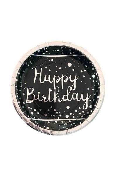 TT Tahtakale Toptancıları Shiny Silver Foil Printed Happy Birthday Cardboard Plate - 6 Pieces Black