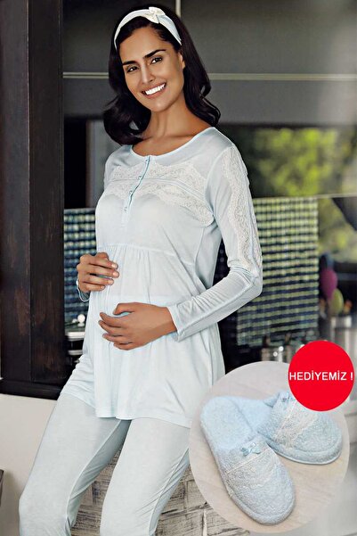 Şahinler Γυναικείες Μπλε Παντόφλες και Σετ Πιτζάμες Μητρότητας με Δώρο MBP237...