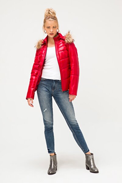 İkbal Laura Kırmızı Hakiki Deri Mont Kadın