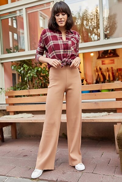 Olalook Dámské kalhoty ze silného úpletu Mléko Coffee PNT-19000055