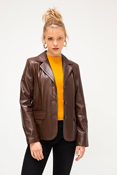 İkbal Regina Kahverengi Hakiki Deri Mont Kadın