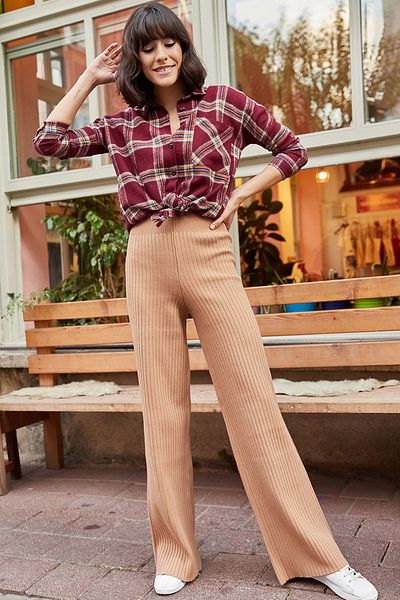 Olalook Women's Milk Coffee Corded Thick Knitwear Trousers PNT-19000055