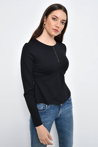 Hanna's by Hanna Darsa Women's Black Long Sleeve Stripe Detailed Flounce Blouse