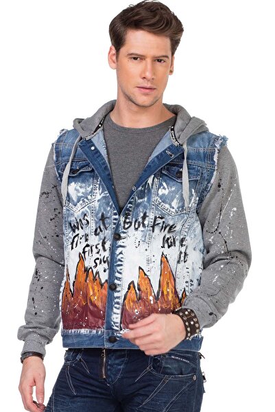 Cipo&Baxx CJ209 Boyamalı Alev Baskılı Erkek Mavi Denim Ceket