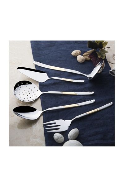 Nehir Maxi 24 Carat Satin Gold Plated 5 Piece Serving Set, Serving Spoon, Fork, Spoon Knife