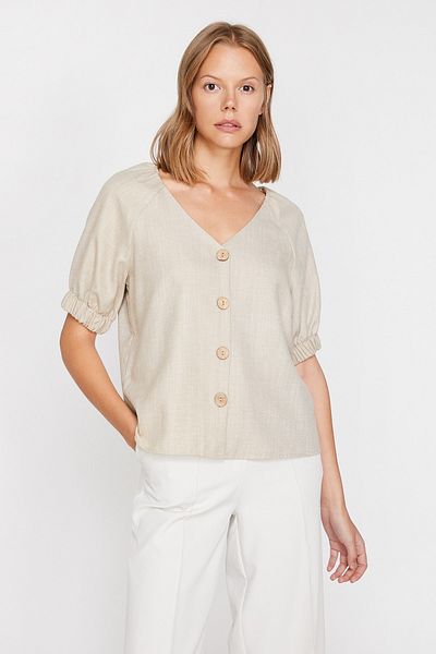 Koton Women's Ecru V-Neck Short Sleeve Shirt 0KAK68735PW