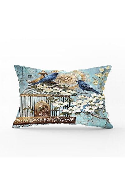 Realhomes Mavi Kuş Desen Dijital Baskılı Dekoratif Dikdörtgen Yastık Kırlent ...