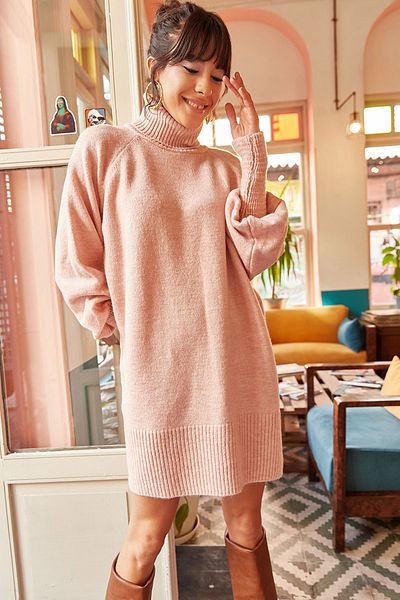 Olalook Damen-Puder-Rollkragenpullover mit Ballonärmeln, lockeres Strickkleid ELB-19000867