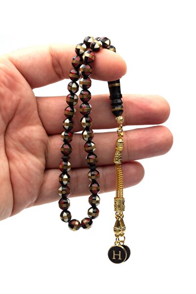 OTTOTESBİH Men's 8mm Red Enamel Embroidered Kuka Tasbih with Letter Tassel